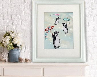 Nursery Art for Kids Room Decor Floating Penguins Umbrellas penguin print penguin decor penguin picture Wall Art for Baby Room nursery decor