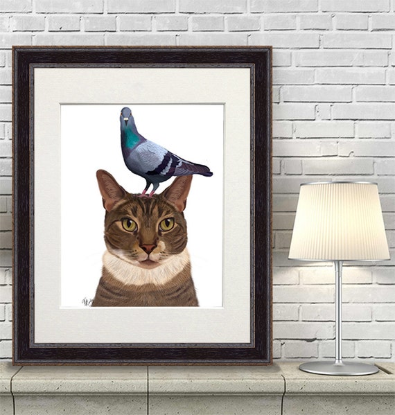 pigeon painting cat lady gifts cat print colorful painting surrealism art cat art wall decor Black cat painting print on canvas
