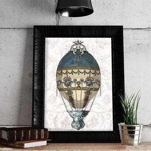 Hot Air Balloon Print - Baroque Balloon Blue & Cream  - Hot air balloon decor Hot air balloon art Hot air balloon wall art bedroom decor