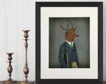Scottish red deer art print, Highland stag in Celtic clan tartan clothing, Framed art prints by FabFunky, Large canvas art for living room