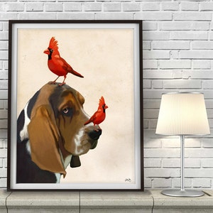 Basset Hound canvas art print - Red Birds - Basset Hound canvas wall art large canvas art dog art animal canvas print dog canvas print