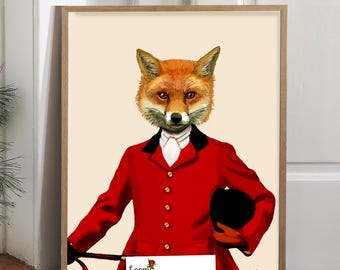 Fox Illustration Art print, Fox in Riding Clothes, Woodland animal decor, Elegant fox picture, Vintage style elegant fox wall art