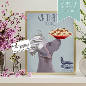 Cute Whimsical Weinaraner dog art print, Italian Style Spaghetti Pasta Kitchen Wall decor, Modern quirky pet portrait poster, Funny Animal