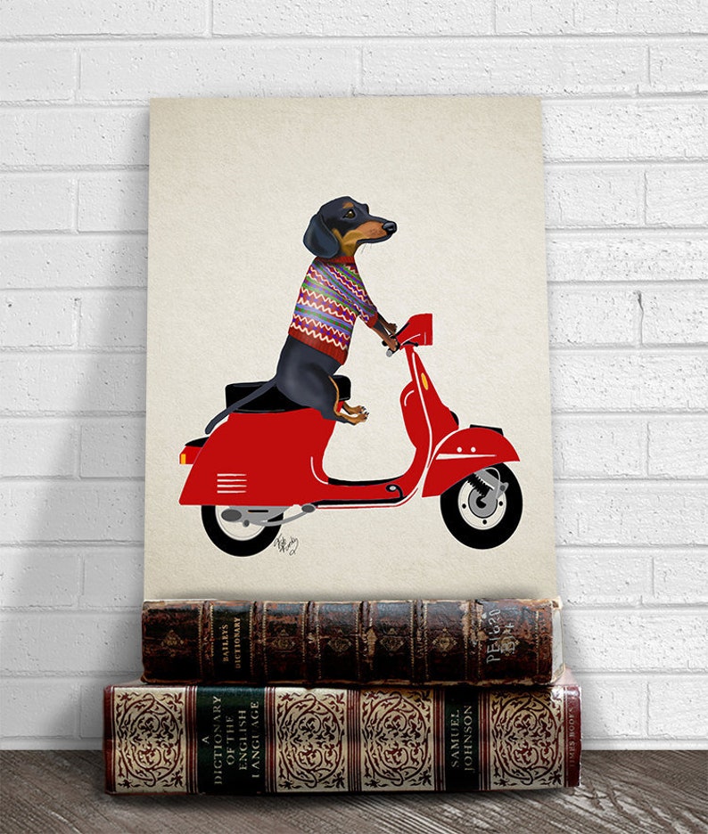 Dachshund Wiener dog art print Dachshund on Moped doxie print dachshund wall art Dachshund print art for kids room funny Office decor image 1