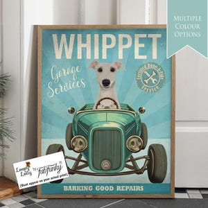 Stampa artistica di cane Whippet bianco in auto hot rod, poster di officina, cane divertente in stile vintage, stampa personalizzata di auto d'epoca, arte murale per garage