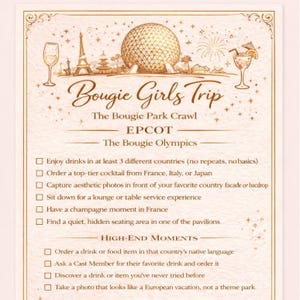 Könnte beinhalten: Eine beige Einladungskarte mit dem Text "Bougie Girls Trip" und "The Bougie Park Crawl" mit einer Liste von Aktivitäten. Die Karte zeigt Illustrationen des Eiffelturms, eines Cocktails und eines Sektglases.
