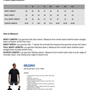 May include: Product specifications for a G500 Gildan adult 5.3 oz. T-shirt. Includes measurements for body length, body width, full body length, and sleeve length in inches. Features include 100% preshrunk cotton and double-needle stitching.