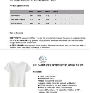 May include: White Rabbit Skins infant cotton jersey t-shirt. Features include a ribbed crew neck, taped shoulder-to-shoulder, and double-needle hemmed sleeves. The shirt is made of 100% cotton jersey. Sizes range from 6 months to 24 months.