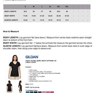 May include: A black v-neck t-shirt with a size chart showing measurements in inches. The chart includes body length, body width, and sleeve length. The t-shirt is made of heavy cotton and is available in 17 colors.