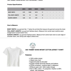 May include: White infant cotton jersey t-shirt with a ribbed crew neck and taped shoulder seams. The t-shirt is made of 100% cotton jersey and features a double-needle hemmed sleeves and bottom. The t-shirt is CPSIA compliant with a tracking label in the side seam. The t-shirt is available in sizes 6 months, 12 months, 18 months, and 24 months.