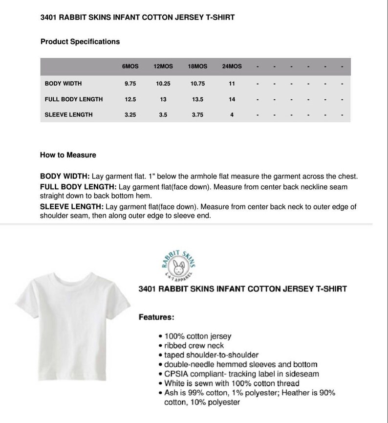 May include: White infant cotton jersey t-shirt with a ribbed crew neck and taped shoulder seams. The t-shirt is made of 100% cotton jersey and features a double-needle hemmed sleeves and bottom. The t-shirt is CPSIA compliant with a tracking label in the side seam. The t-shirt is available in sizes 6 months, 12 months, 18 months, and 24 months.