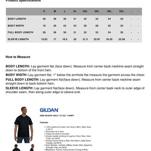 May include: A size chart for a Gildan G500 adult 5.3 oz. t-shirt. The chart shows the measurements in inches for body length, body width, full body length, and sleeve length for sizes S through 5XL.