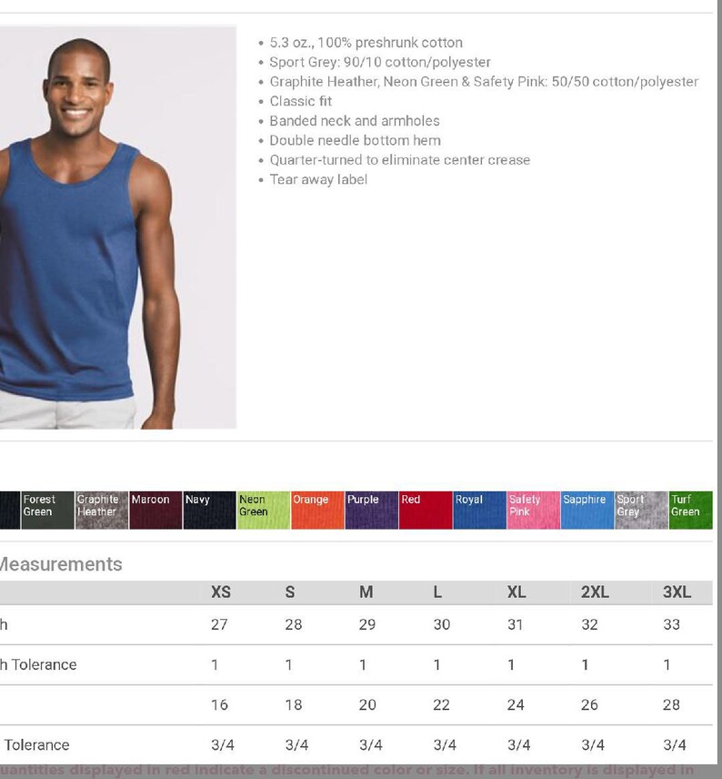 K&ouml;nnte beinhalten: Eine Gr&ouml;&szlig;entabelle f&uuml;r ein Herren-Tanktop. Die Tabelle zeigt die Ma&szlig;e in Zoll f&uuml;r verschiedene Gr&ouml;&szlig;en, einschlie&szlig;lich XS, S, M, L, XL, 2XL und 3XL. Die Tabelle enth&auml;lt auch eine Toleranz von 3/4 Zoll f&uuml;r jede Gr&ouml;&szlig;e.