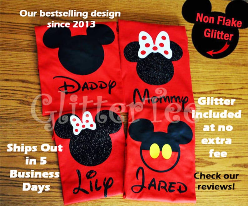 May include: Four red t-shirts with black glitter Mickey Mouse designs. The shirts have the names "Daddy", "Mommy", "Lily", and "Jared" on them.  Glitter included at no extra fee. Ships out in 5 business days.