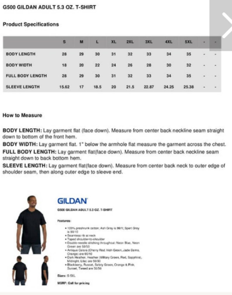 May include: A size chart for a Gildan adult 5.3 oz. T-shirt. The chart shows the measurements for body length, body width, full body length, and sleeve length in inches for sizes S through 5XL.