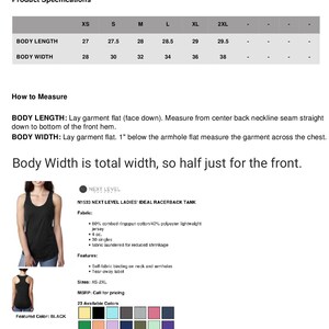 May include: Black racerback tank top with the text "N1533 NEXT LEVEL LADIES' IDEAL RACERBACK TANK" and a size chart showing measurements in inches for XS, S, M, L, XL, and 2XL.