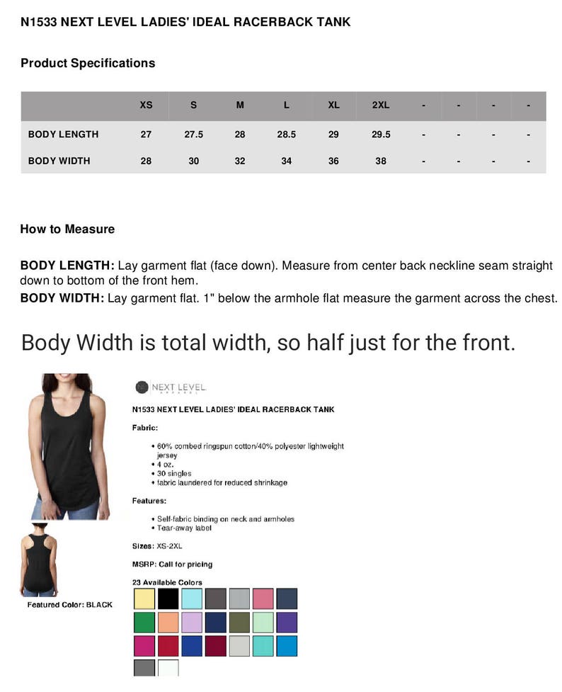 May include: Black racerback tank top with the text "N1533 NEXT LEVEL LADIES' IDEAL RACERBACK TANK" and a size chart showing measurements in inches for XS, S, M, L, XL, and 2XL.