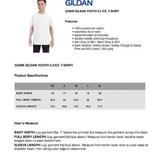 May include: A size chart for Gildan Youth 5.3 oz. T-shirts. The chart shows the measurements for body width, full body length, and sleeve length in inches for sizes XS, S, M, L, and XL.