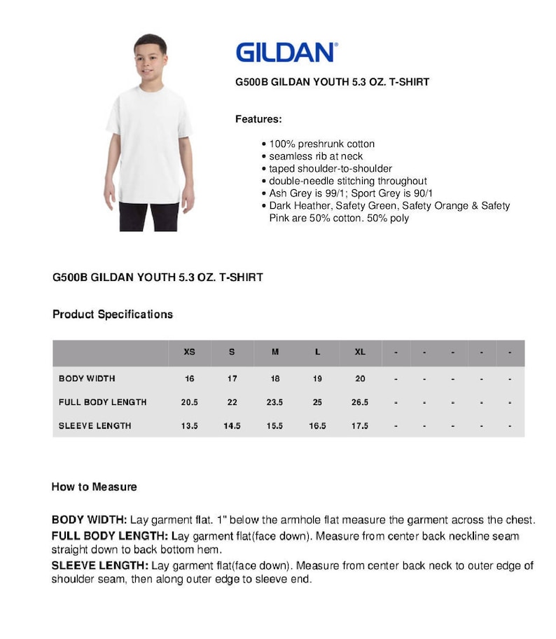 May include: A size chart for Gildan Youth 5.3 oz. T-shirts. The chart shows the measurements for body width, full body length, and sleeve length in inches for sizes XS, S, M, L, and XL.