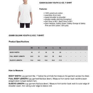 May include: A white youth t-shirt with the Gildan G500B logo and product specifications. The size chart shows measurements in inches for body width, full body length, and sleeve length.