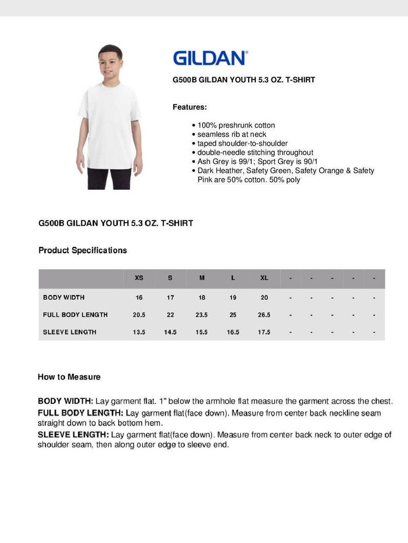 May include: A white youth t-shirt with the Gildan G500B logo and product specifications. The size chart shows measurements in inches for body width, full body length, and sleeve length.