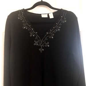 Elegant Sweater for Woman Black V-Neck Embroidered Collar Soft Holiday Sweater for Woman Party Sweater for Her Festive Party Top Medium