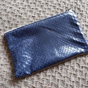 May include: A blue snakeskin-textured zippered pouch. The pouch is made of a shiny, faux leather material.