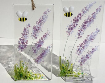 Fused Glass Lavender and Bumblebee Sun Light Catcher Mothers Day Gift Bee Decoration Suncatcher