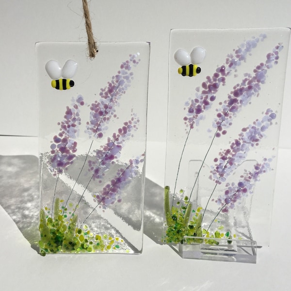 Fused Glass Lavender and Bumblebee Sun Light Catcher Purple Flowers Picture Bee Gift Decoration Suncatcher