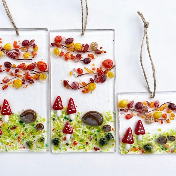 Fused Glass Hedgehog Toadstools and Autumn Leaves Sun Light Catcher Decoration Handmade Gift 2 Sizes