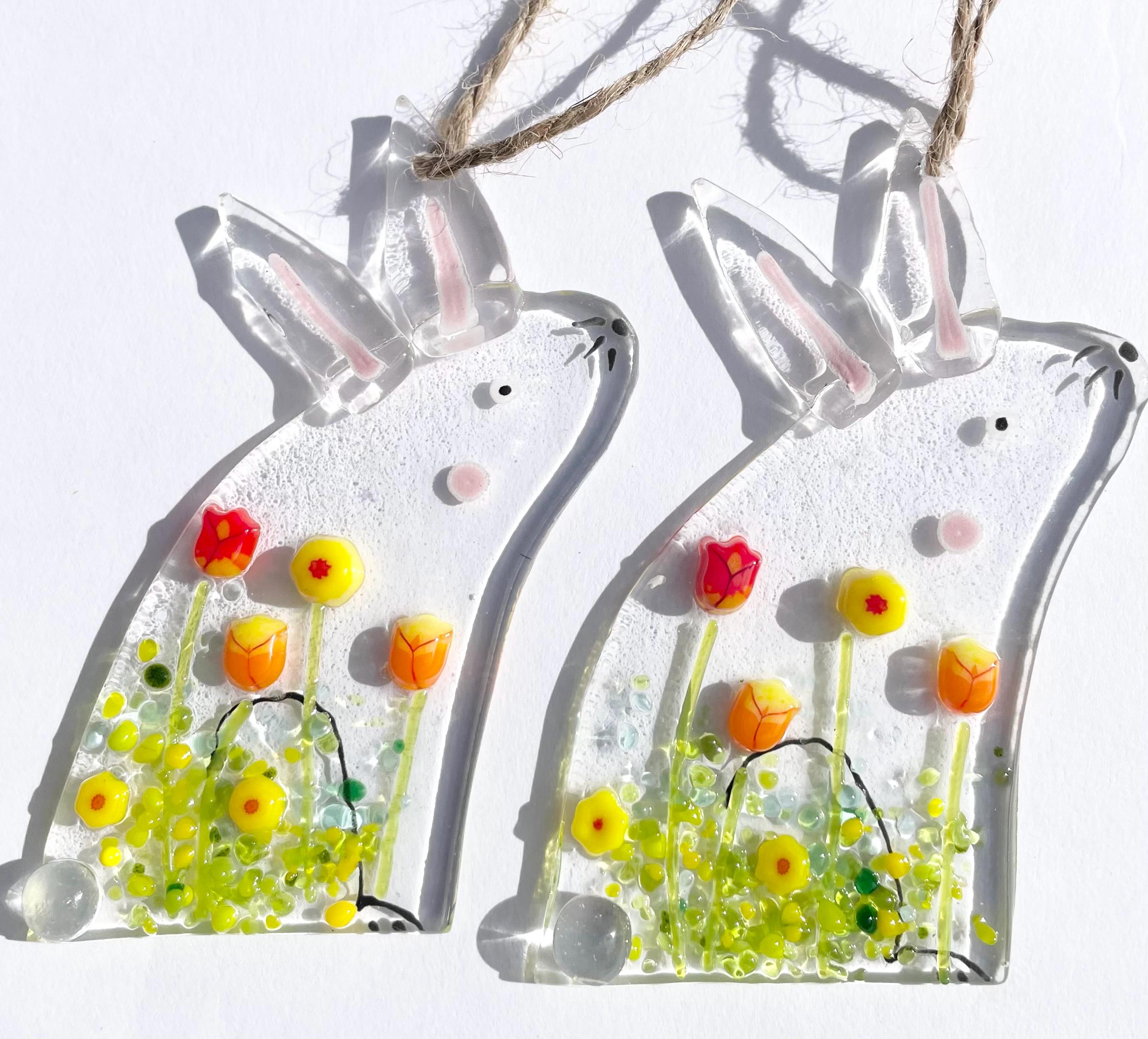 Fused Glass Rabit Easter Bunny Fused Glass Rabbit With Daffodils, Tulips, Bluebells ...