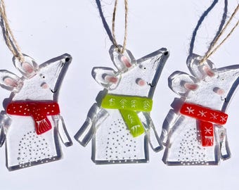 Fused Glass Christmas Mouse Decoration Suncatcher Ornament Mice Tree Decorations
