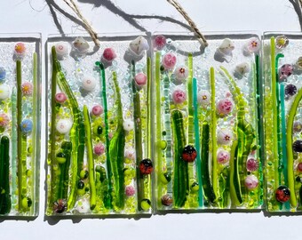 Pink Flowers Ladybird and Butterflies fused glass Suncatcher Ladybug Window Hanging Light CatcherDecoration 10x6cm