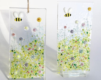 Fused Glass Bumblebee and Multicoloured Spring Flowers Sun Light Catcher Honey Bee Decoration Handmade Gift 2 Sizes