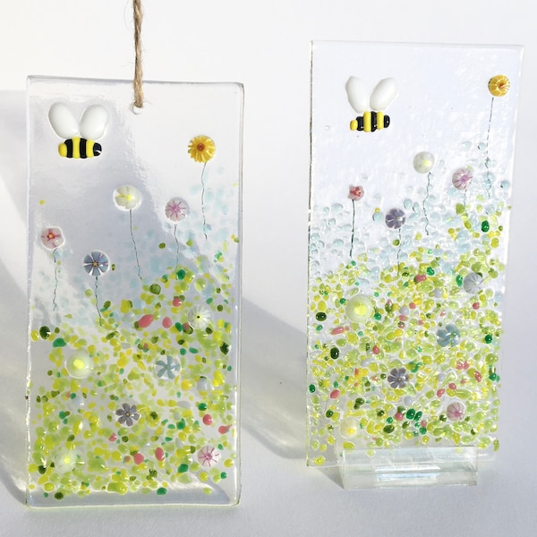 Fused Glass Bumblebee and Multicoloured Spring Flowers Sun Light Catcher Honey Bee Decoration Handmade Gift 2 Sizes