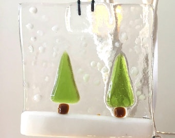 Christmas Tree Decoration Fused Glass Handmade Bauble Trees In The Snow Hanging Ornament 5cm square