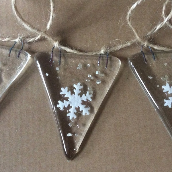 Fused Glass Snowflake Bunting Handmade Unique Garland decoration Christmas Present Xmas Gift