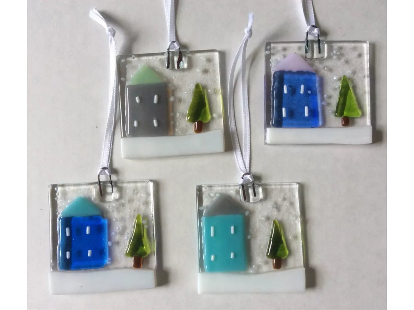 Fused Glass Christmas Decoration house in the snow with tree Etsy
