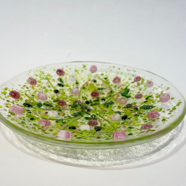 Fused Glass Pink Murrini Flower Meadow shallow Bowl Trinket Dish Earring Jewellery Bowl Gift