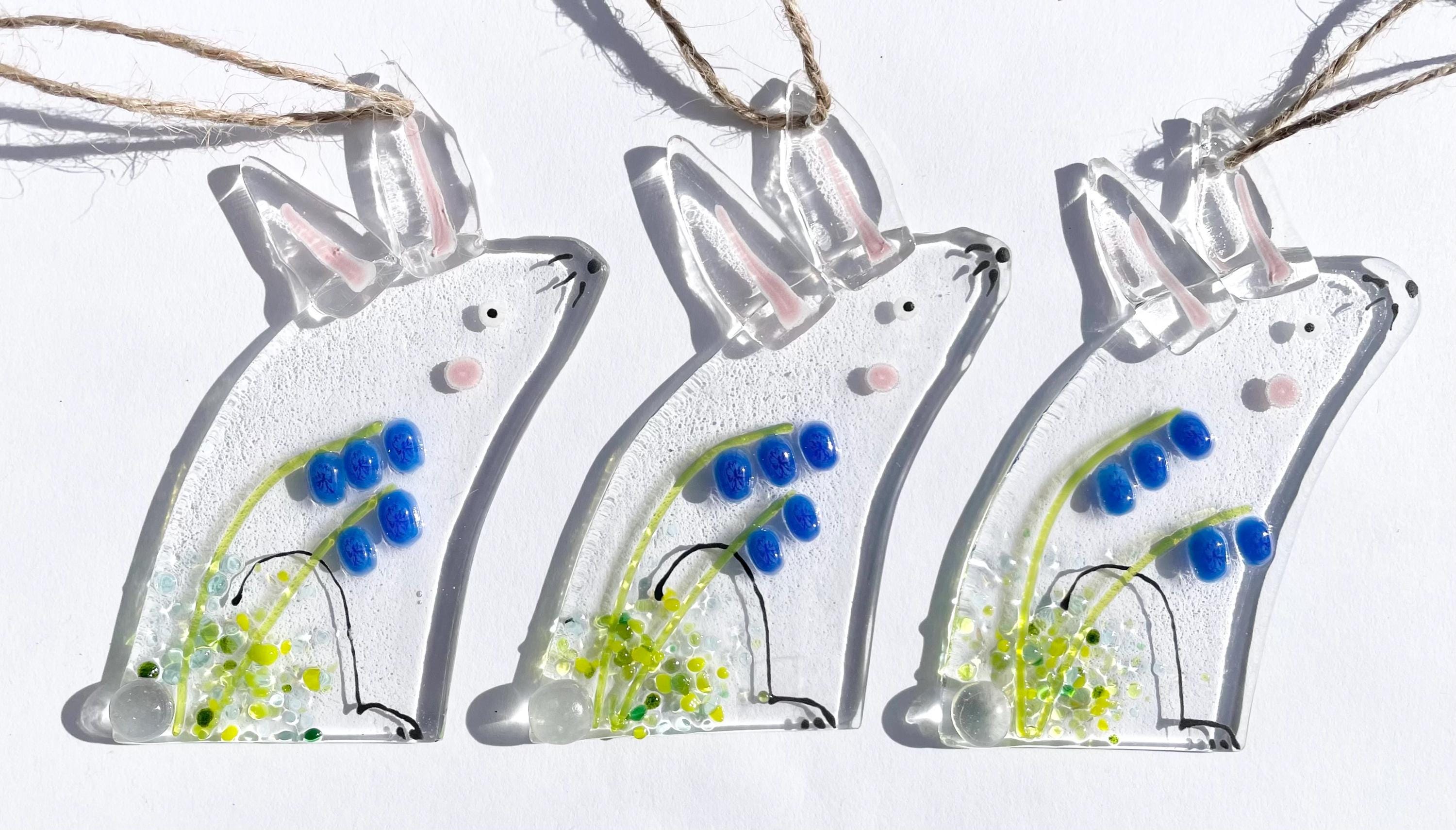 Fused Glass Rabit Easter Bunny Fused Glass Rabbit With Daffodils, Tulips, Bluebells ...