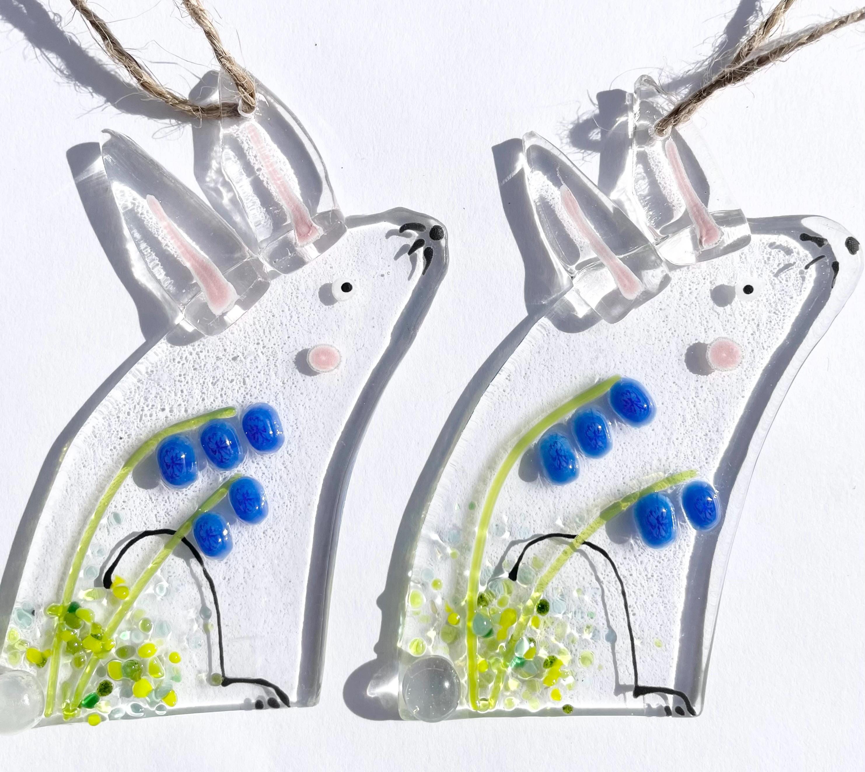 Fused Glass Rabit Easter Bunny Fused Glass Rabbit With Daffodils, Tulips, Bluebells ...