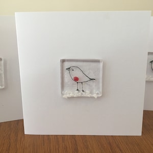 Robin In The Snow Handmade Christmas Card Fused Glass Birthday Thank you Anniversary  cards 10cm square blank for own message