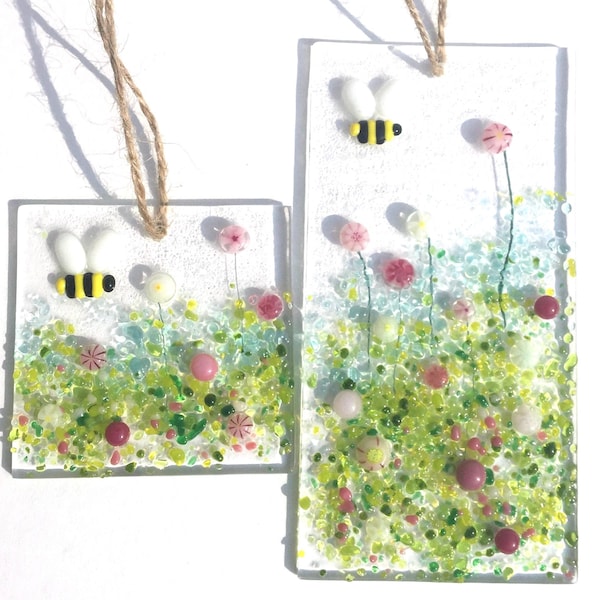 Fused Glass Bumblebee and Pink Spring Flowers Sun Light Catcher Honey Bee Decoration Handmade Gift 2 Sizes Mothers Day