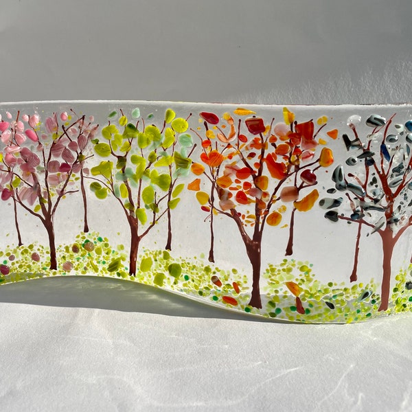 Fused Glass Handmade Four Seasons Trees Sun Light Catcher Freestanding Picture Gift Spring Summer Autumn Fall Colour Winter