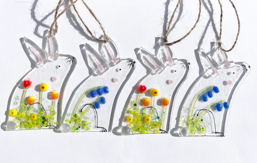 Easter Bunny Fused Glass Rabbit With Daffodils, Tulips, Bluebells ...