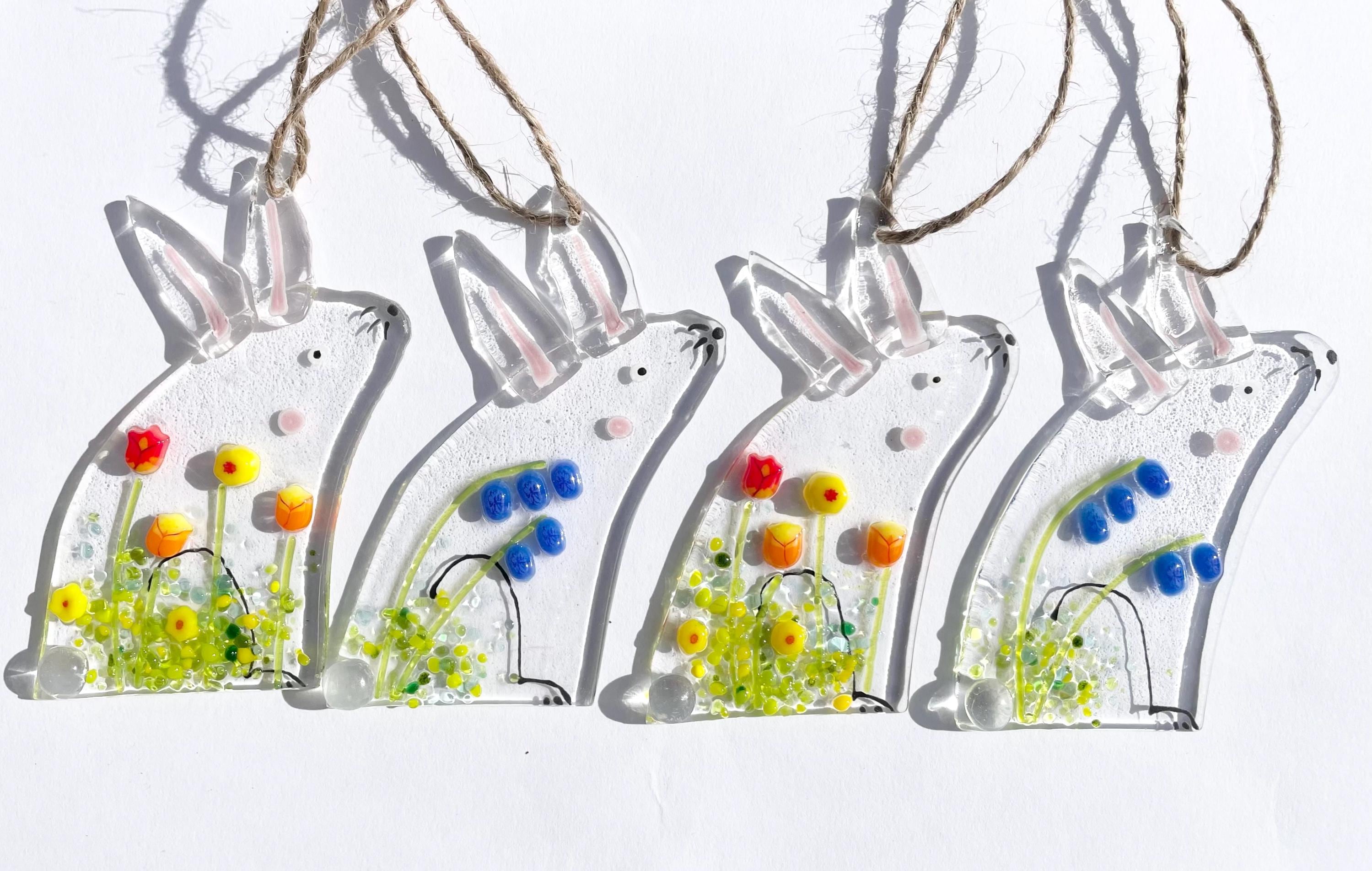 Fused Glass Rabit Easter Bunny Fused Glass Rabbit With Daffodils, Tulips, Bluebells ...