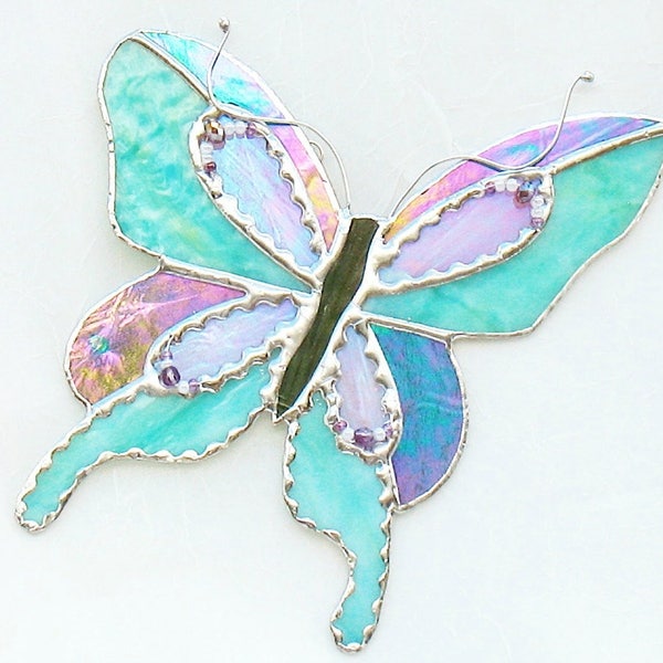 Pink and green butterfly stained glass suncatcher garden decor, home decor, outdoor garden ornament, gift for friend, gift for gardener