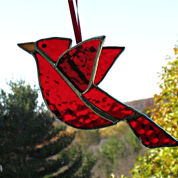 Porch decor, red 3d cardinal bird in stained glass, bird lover's gift, hostess gift for mom or grandmom, window hanging suncatcher decor