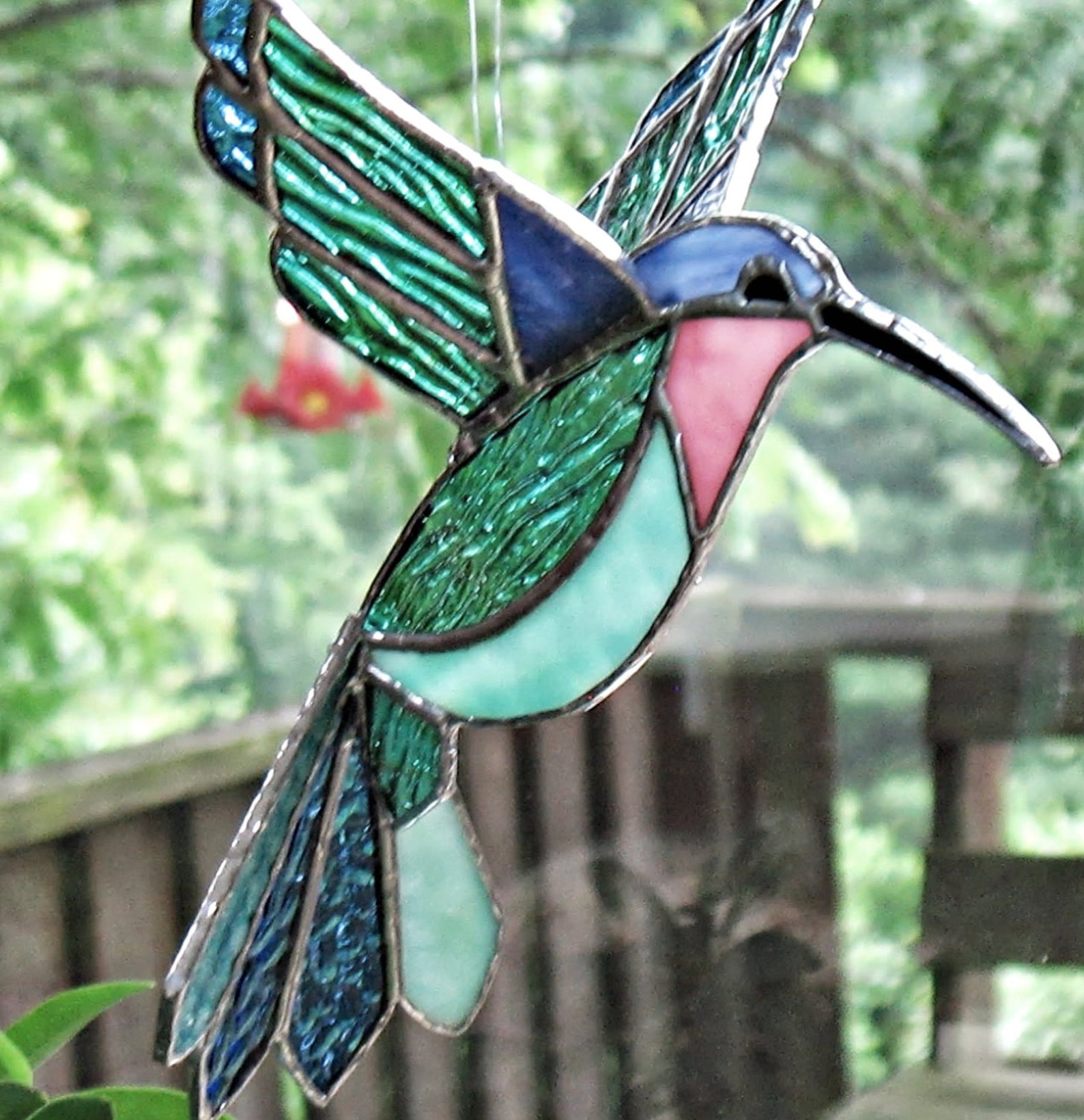 Green and blue stained glass large 3D hummingbird window | Etsy