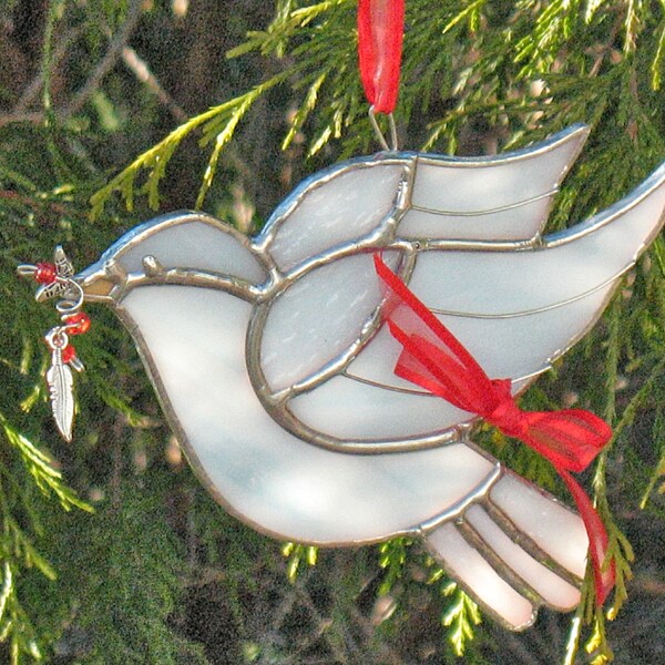 Holiday decor stained glass bird. Dove window hanging decoration gift for mother, grandmother, suncatcher ornament. Christmas dove decor.
